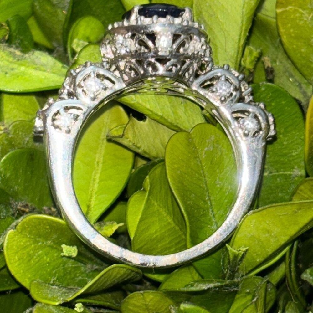 New 925 Silver Sts Medium Blue Sapphire/ Cz Cushion/Halo Ring Sz 9 Fancy Setting — image 2 of 8